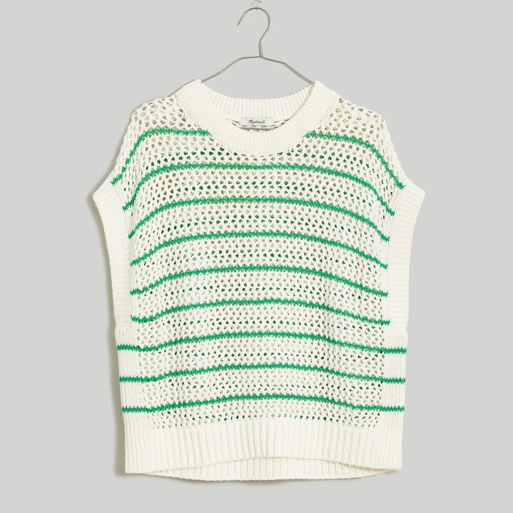Madewell Open Knit 100% Cotton Oversized Vest Green and White Striped